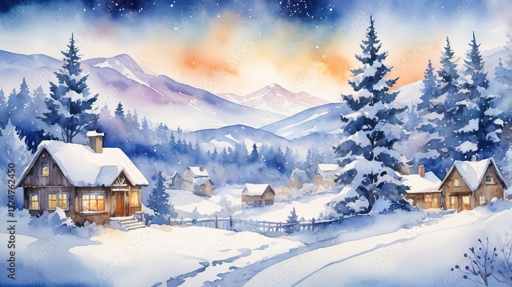 Watercolor winter scene with snowfall, trees, and a serene Christmas sky in the background. Watercolor winter scene with snowfall, trees, and a serene Christmas sky in the background.