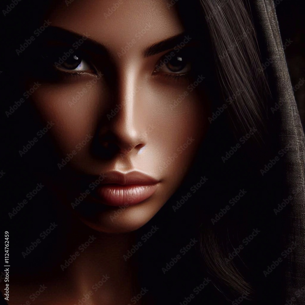 Photorealistic chiaroscuro portrait of a mysterious woman with a piercing gaze that looks straight into the soul of the viewer, high contrast lighting Photorealistic chiaroscuro portrait of a mysterious woman with a piercing gaze that looks straight into the soul of the viewer, high contrast lighting