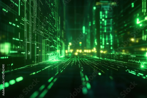 Green line graph financial data visualization digital finance glowing neon effect