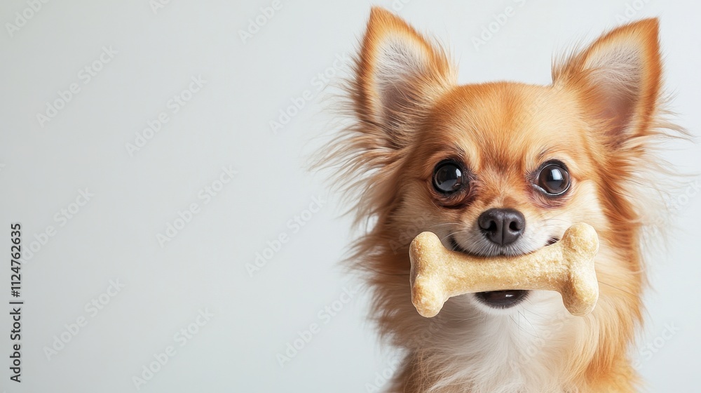 A small dog posing with a bone in its mouth, set against a stark white backdrop with room for text. A small dog posing with a bone in its mouth, set against a stark white backdrop with room for text.