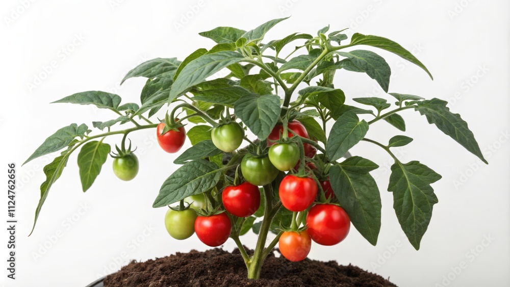 Obraz premium Tomato Plant Lush Green Foliage, Ripe Red and Green Fruit, Growth Concept