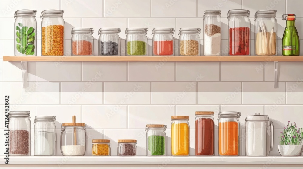 Kitchen shelves with neatly arranged jars of spices and seasonings Kitchen shelves with neatly arranged jars of spices and seasonings