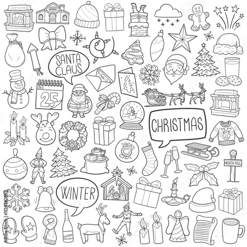 Christmas Doodle Icons Black and White Line Art. Santa Claus Clipart Hand Drawn Symbol Design.