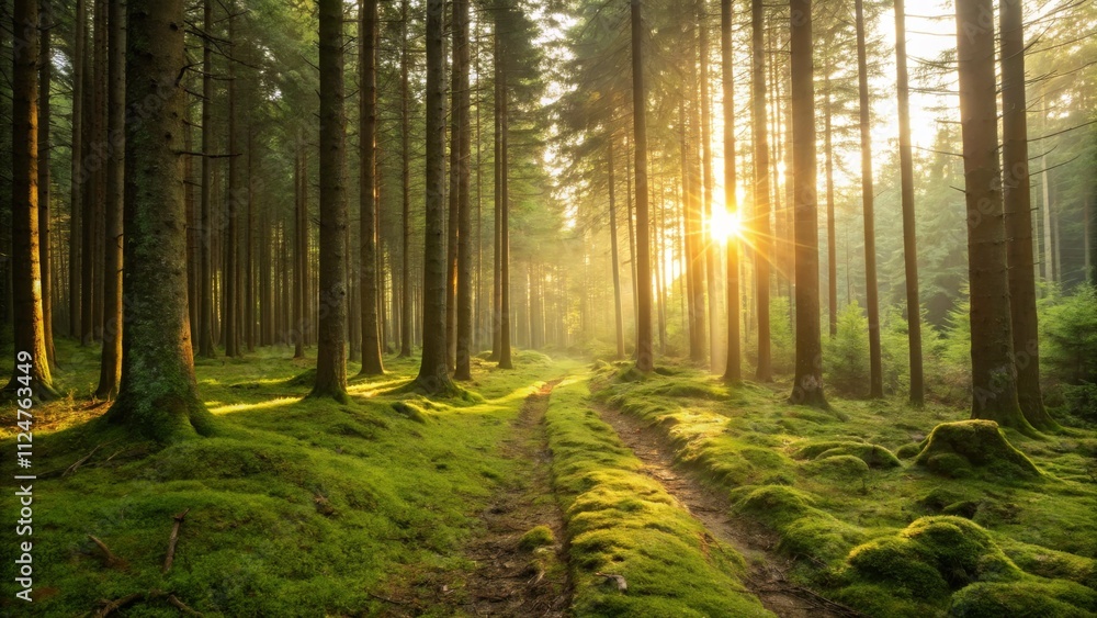 Naklejka premium Sunlit Forest Path Mossy Ground, Tall Trees, Golden Hour