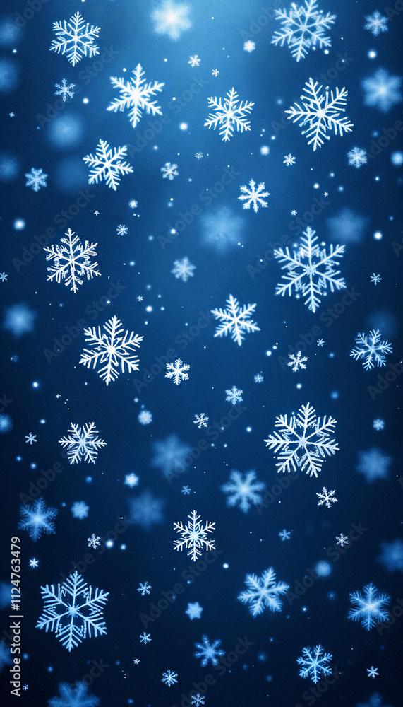 Snowflakes gently falling against a deep blue background, creating a serene winter atmosphere perfect for a phone wallpaper featuring winter's beauty and tranquility Snowflakes gently falling against a deep blue background, creating a serene winter atmosphere perfect for a phone wallpaper featuring winter's beauty and tranquility