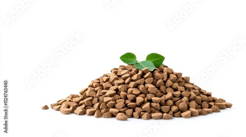 A Close-Up View of a Pile of Brown Pebbles with Fresh Green Leaves Isolated on a White Background for Nature or Gardening Themes photo