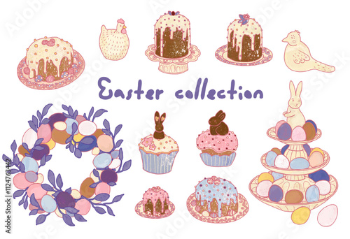 A set of transparent Easter illustrations of stickers for creating a postcard. Festive Easter cakes, colored eggs, white rabbits.