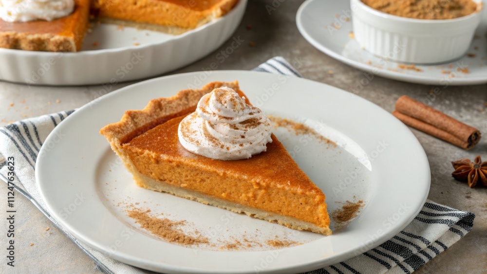 Spiced Pumpkin Pie Slice with Whipped Cream Autumn Dessert Concept Spiced Pumpkin Pie Slice with Whipped Cream Autumn Dessert Concept