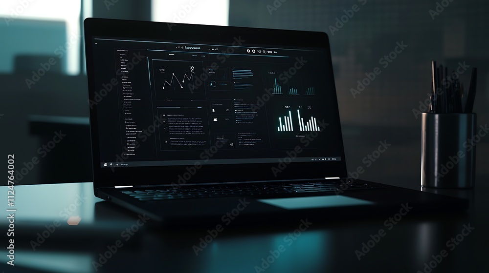 A laptop is open on a table with a silver pen and a silver pencil holder A laptop is open on a table with a silver pen and a silver pencil holder