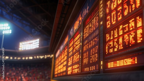 A vibrant scoreboard displaying scores and details of an exciting baseball game, surrounded by cheering fans. photo