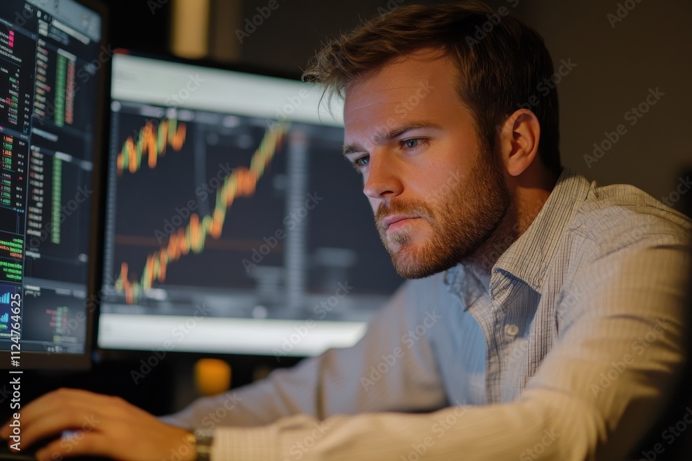 Man working at desk financial charts on computer screens modern office Man working at desk financial charts on computer screens modern office
