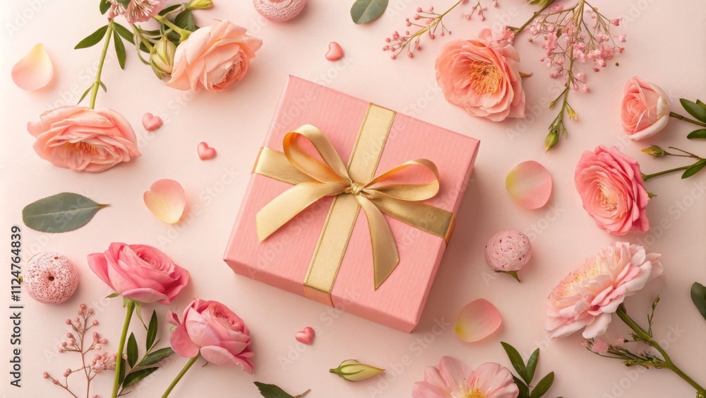 Pink Gift Box with Roses and Gold Ribbon Pink Gift Box with Roses and Gold Ribbon