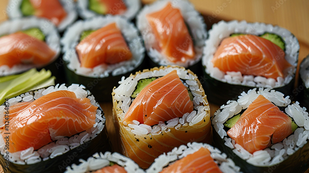 Salmon sushi on the wooden plate Salmon sushi on the wooden plate