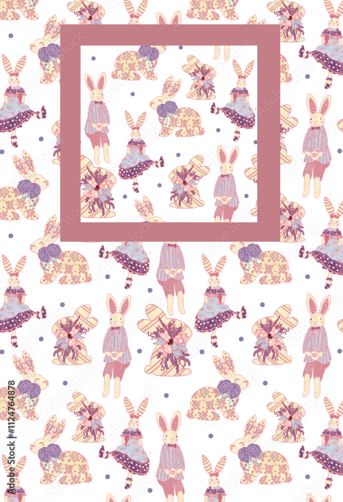 Fototapeta premium Toy hares and rabbits on a white background. Delicate spring seamless provence pattern. Easter holiday. Hand drawn watercolor pastel colors illustration wallpaper.