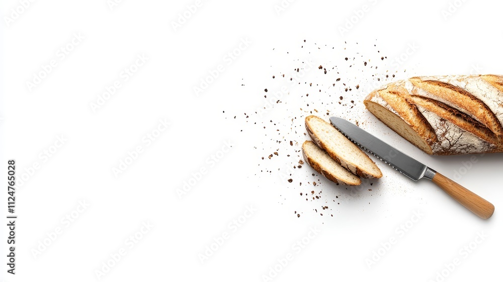 Freshly Baked Artisan Bread with Slices and Bread Knife on White Background, Perfect for Culinary and Food Photography, Bakery Themes, and More Freshly Baked Artisan Bread with Slices and Bread Knife on White Background, Perfect for Culinary and Food Photography, Bakery Themes, and More
