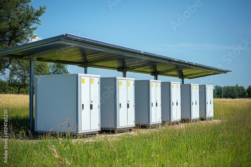 A row of white boxes with yellow stickers on them are sitting in a field photo