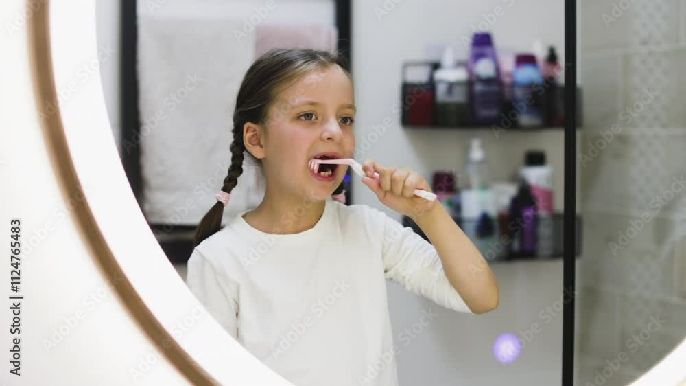 Portrait of young Caucasian girl with missing teeth brushing teeth while looking in bathroom mirror, emphasizing good oral hygiene habits. Portrait of young Caucasian girl with missing teeth brushing teeth while looking in bathroom mirror, emphasizing good oral hygiene habits.