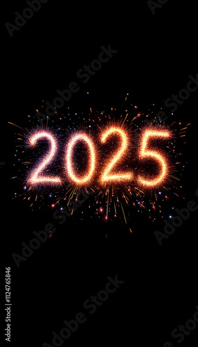 Celebratory fireworks form the bright numbers 2025 against a dark background, symbolizing the new year with vibrant colors and energetic sparks illuminating the scene photo