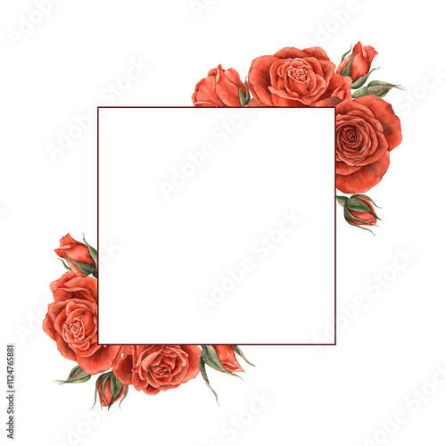 Red velvet bright roses with green leaves. Watercolor frame illustration, square shape, hand drawn, suitable for banners, cards, invitations, packaging, weddings, Valentine's Day, anniversary.