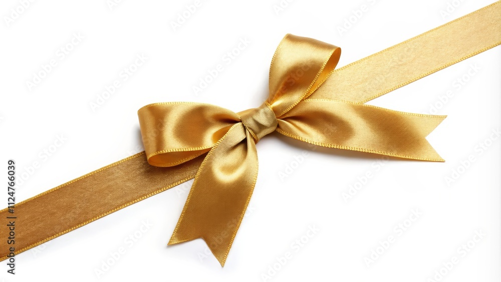 Golden Satin Ribbon Bow Diagonal Composition, White Background Golden Satin Ribbon Bow Diagonal Composition, White Background