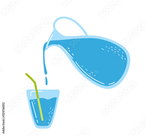 Blue liquid being poured from a pitcher into a glass with a straw