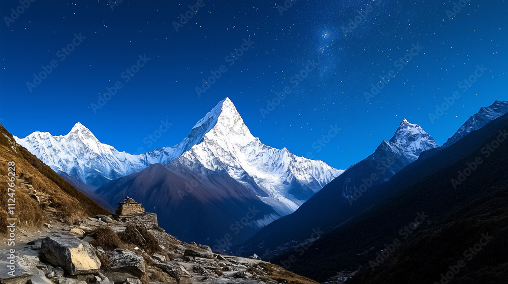 Obraz premium Snow Capped Mountains Under Starry Night Sky