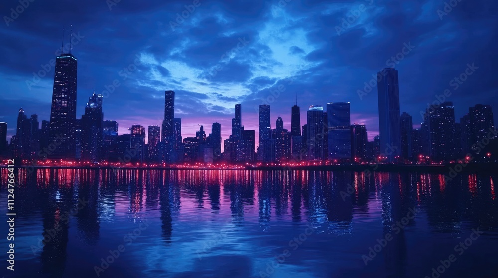 A vibrant city skyline at dusk, with skyscrapers lit up against a deep blue sky, reflecting in the water below, creating a mesmerizing urban landscape. A vibrant city skyline at dusk, with skyscrapers lit up against a deep blue sky, reflecting in the water below, creating a mesmerizing urban landscape.