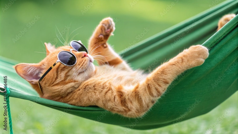 Obraz premium Ginger Cat in Green Hammock with Sunglasses Relaxing Summer Concept