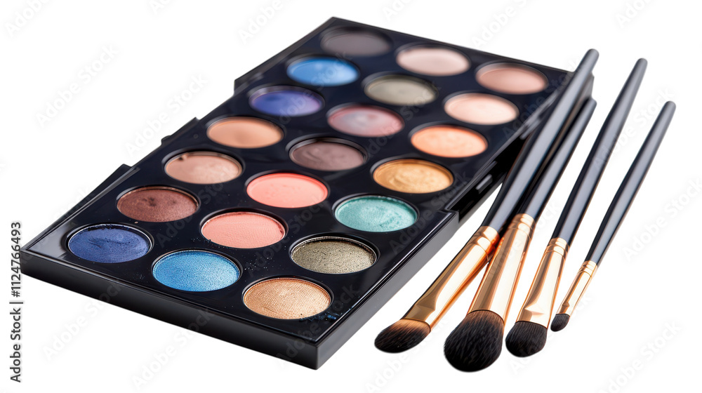 A collection of vibrant eyeshadow shades and brushes arranged neatly on a clean surface, perfect for makeup enthusiasts on transparent background A collection of vibrant eyeshadow shades and brushes arranged neatly on a clean surface, perfect for makeup enthusiasts on transparent background