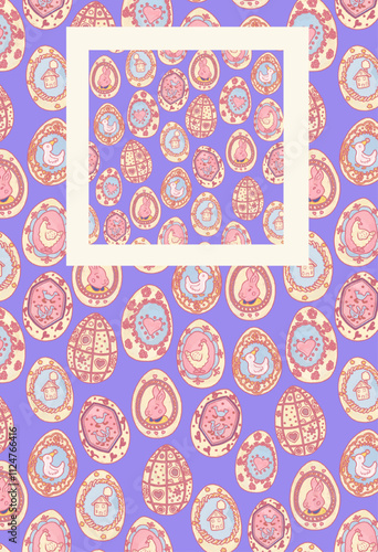 Pink and white painted eggs with pictures on a violet background. Delicate spring seamless provence pattern. Easter holiday. Hand drawn watercolor pastel colors illustration wallpaper. photo