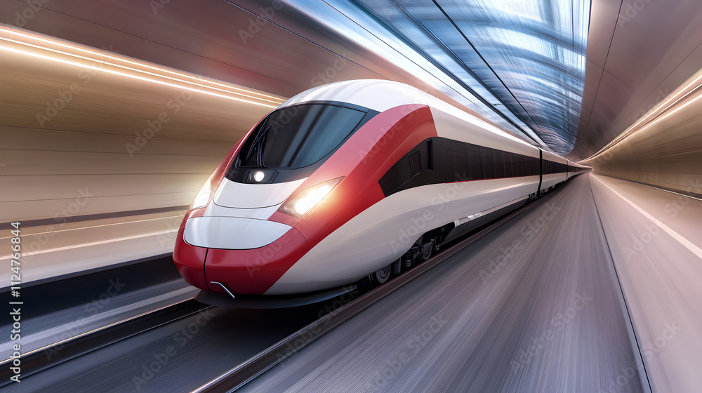 A high-speed train speeding through a tunnel with glowing lights and the motion blur of the surroundings. High-speed train in motion. A high-speed train speeding through a tunnel with glowing lights and the motion blur of the surroundings. High-speed train in motion.