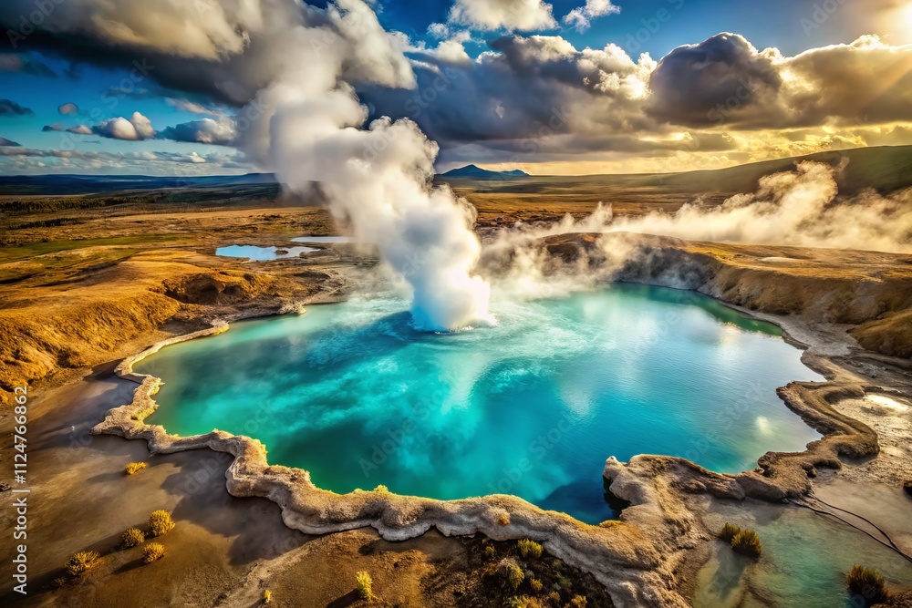 Fototapeta premium Geothermal Hot Spring Aerial View, Steam Rising, Volcanic Landscape, Iceland, Geothermal Energy, Natural Wonder