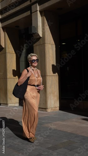Mature stylish 50 year old woman walks city in stylish fashionable beige maxi dress, glasses and bag, trendy fashion street style