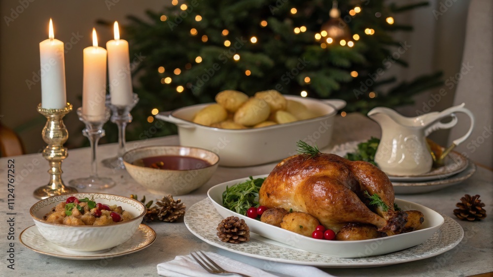 Christmas Roast Chicken Festive Table Setting with Candles and Roasted Potatoes Christmas Roast Chicken Festive Table Setting with Candles and Roasted Potatoes