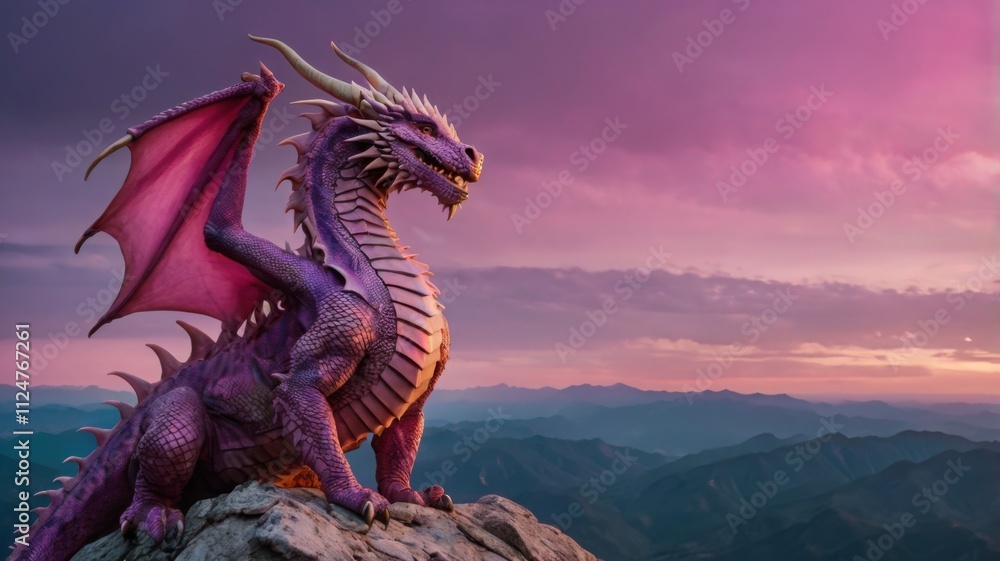 A mystical dragon perched on a mountain peak, its scales glowing with shades of pink A mystical dragon perched on a mountain peak, its scales glowing with shades of pink
