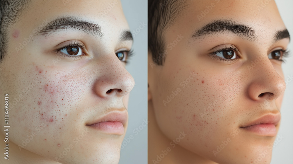 Brunette Man, Treatment Dermatology Cosmetology Procedures, Acne Before and After Banner Brunette Man, Treatment Dermatology Cosmetology Procedures, Acne Before and After Banner