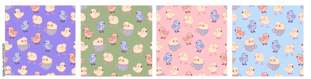 Easter chicks. Set of four Provence seamless patterns in pastel colors. Hand drawn bird illustration for fabric, textile, festival cards Easter chicks. Set of four Provence seamless patterns in pastel colors. Hand drawn bird illustration for fabric, textile, festival cards