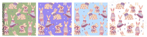 Toy white dressed rabbits on different colored backgrounds. Easter flat hand drawn wallpaper illustration. Cute spring Provence seamless pattern set photo