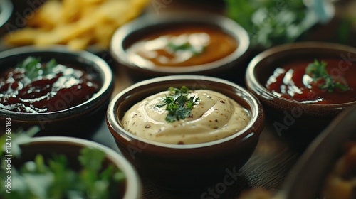 A variety of barbecue sauces in small bowls, ready for dipping.