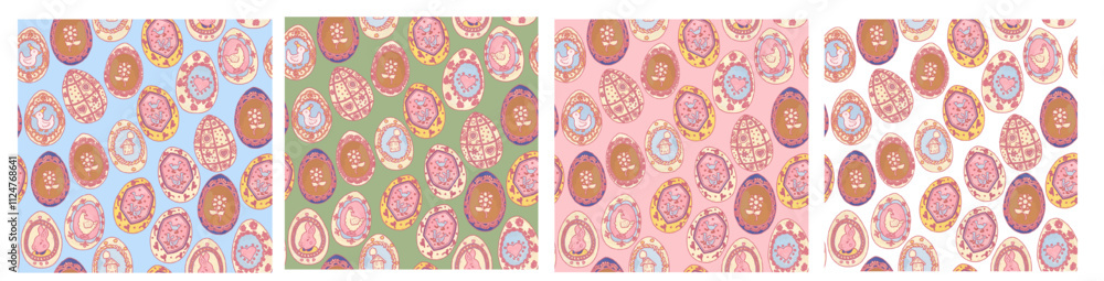 Painted festive eggs on a different color background. Easter flat hand drawn wallpaper illustration. Cute spring Provence seamless pattern set Painted festive eggs on a different color background. Easter flat hand drawn wallpaper illustration. Cute spring Provence seamless pattern set
