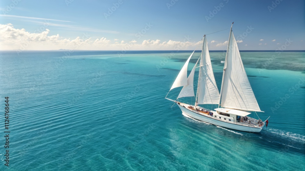 Fototapeta premium Aerial View Schooner Sailing Turquoise Waters