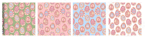 Painted festive eggs. Easter flat hand drawn wallpaper illustration. Set of cute spring provence seamless patterns