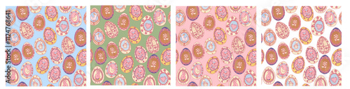 Painted festive eggs on a different color background. Easter flat hand drawn wallpaper illustration. Cute spring Provence seamless pattern set photo