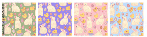 Baskets, chicks, festive eggs on a different color background. Easter flat hand drawn wallpaper illustration. Cute spring Provence seamless pattern set