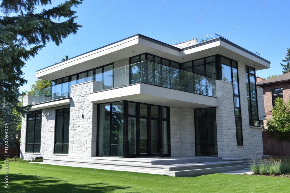 Modern luxury villa minimalist architecture blue and white exterior large glass windows Modern luxury villa minimalist architecture blue and white exterior large glass windows