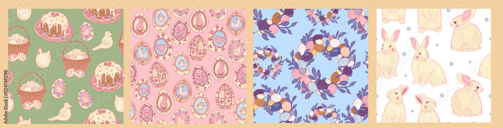 custom made wallpaper toronto digitalA set of seamless Easter patterns in a pastel color palette. Festive basket with eggs, cute chicken, white rabbit, Easter cake, cupcake, wreath. Spring ornament for background, wallpaper