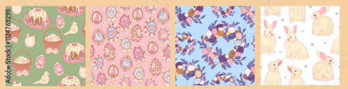 Wallpaper Mural A set of seamless Easter patterns in a pastel color palette. Festive basket with eggs, cute chicken, white rabbit, Easter cake, cupcake, wreath. Spring ornament for background, wallpaper Torontodigital.ca