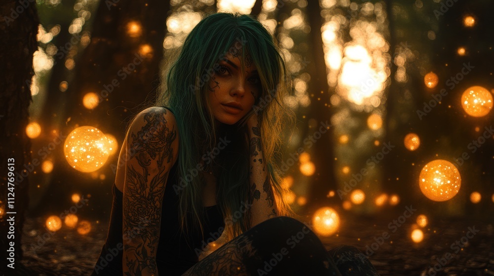 A woman with flowing strands of green hair, intricate tattoos in a serene, enchanted forest, against a background of misty shining spheres and ancient trees illuminated by a soft glow. A woman with flowing strands of green hair, intricate tattoos in a serene, enchanted forest, against a background of misty shining spheres and ancient trees illuminated by a soft glow.