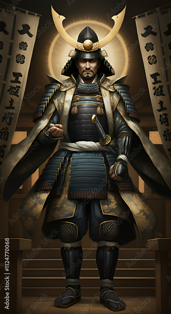 A majestic depiction of Hachiman, god of war and warriors, in samurai armor surrounded by banners and a shrine setting, symbolizing strength and protection. A majestic depiction of Hachiman, god of war and warriors, in samurai armor surrounded by banners and a shrine setting, symbolizing strength and protection.