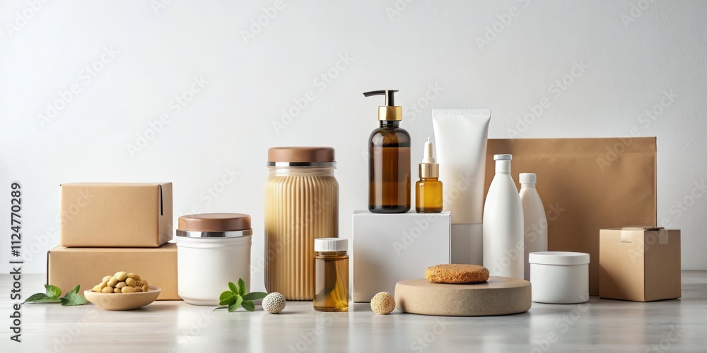 Minimalist Still Life Portrait of Diverse Product Packaging Isolated Against a White Background for E-commerce and Marketing Use in Stock Photography